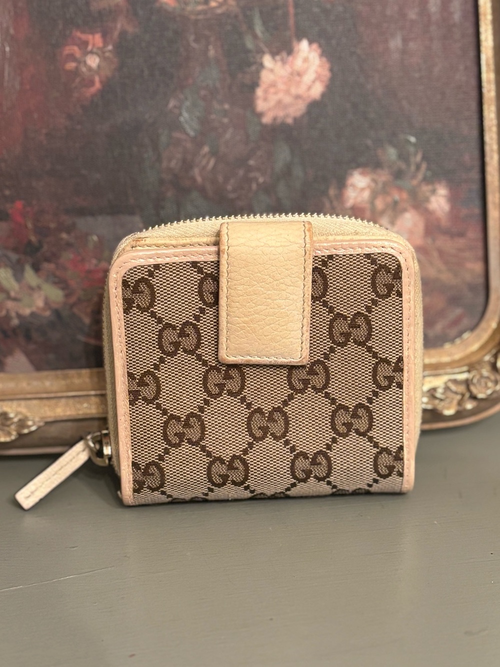 Gucci Ivory GG Canvas Zip Around Compact Wallet Vintage